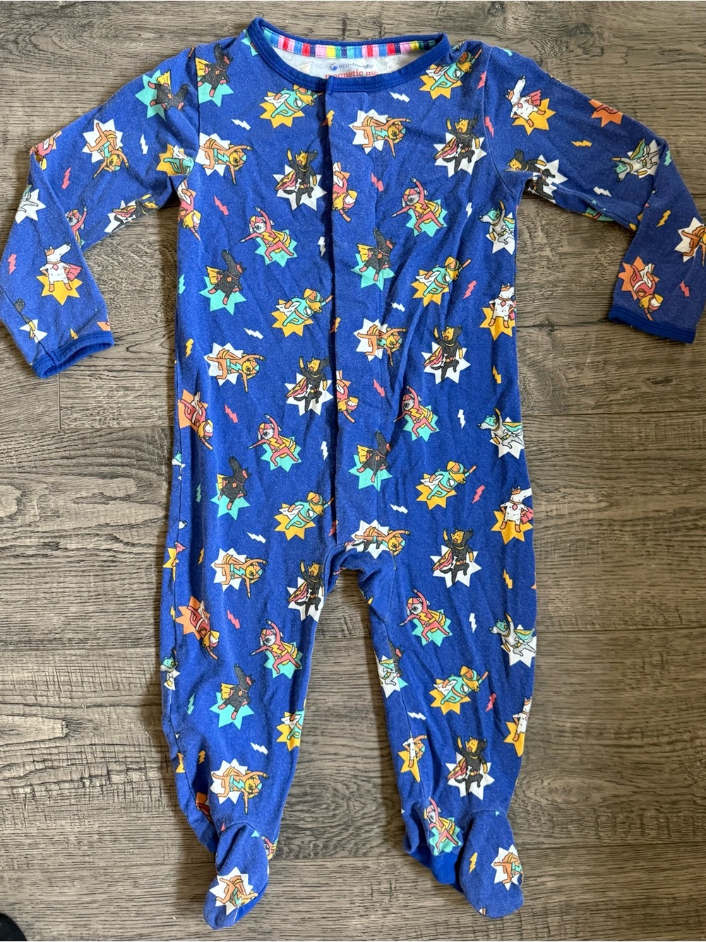 Magnetic Me Blue Superhero Print Footed One-Piece for Kids